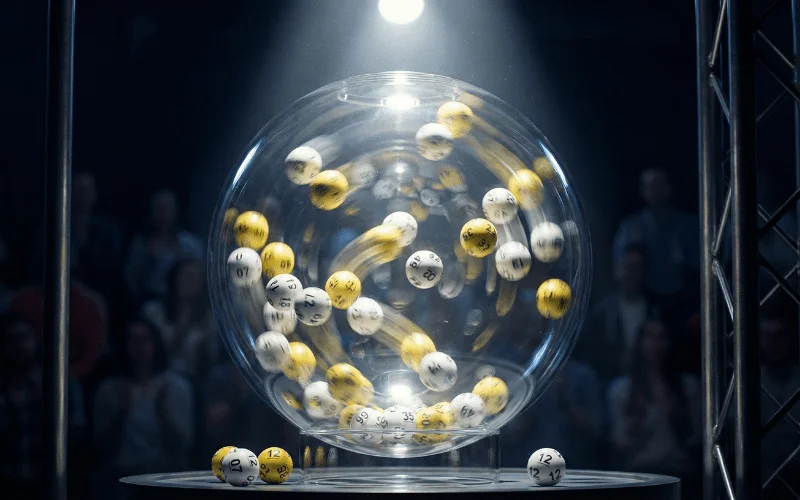 Bolas de loteria em movimento dentro do globo de sorteio transparente representando a aleatoriedade