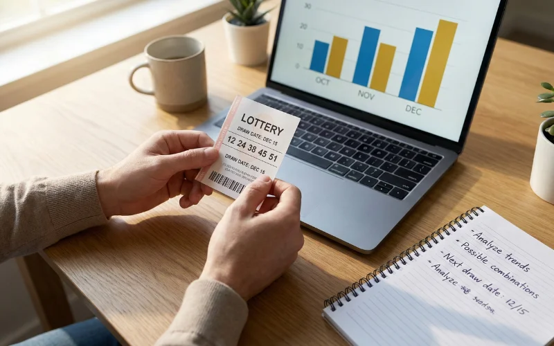 Pessoa analisando bilhete de loteria com laptop mostrando grafico estatistico ao lado