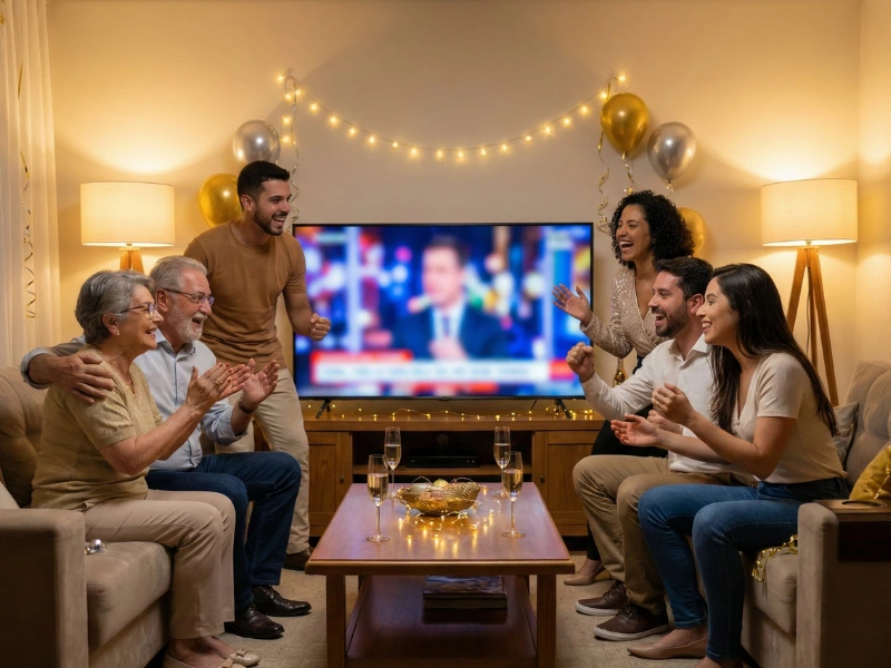 Família brasileira multigeracional reunida em sala de estar aconchegante assistindo televisão na virada do ano com expressões de alegria e esperança