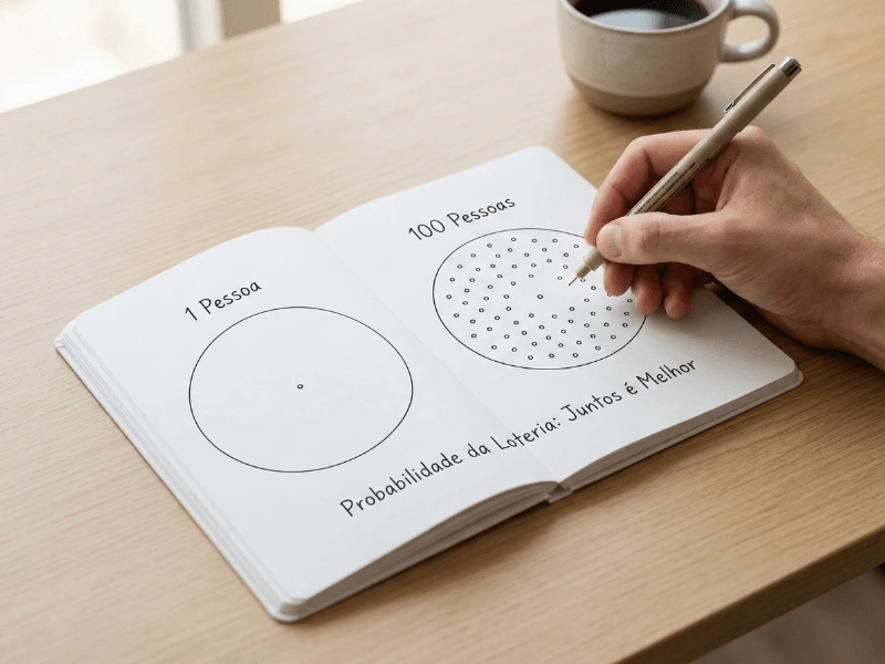 Pessoa analisando probabilidades de bolão em caderno com anotações simples comparando chances individuais versus coletivas