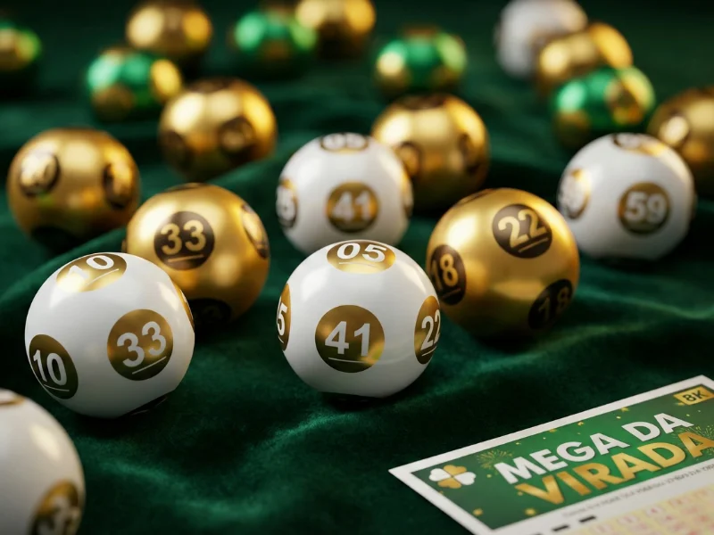 Bolas coloridas da loteria Mega da Virada com números visíveis sobre superfície verde