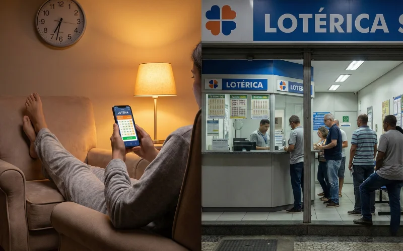 Comparacao visual entre apostar online em casa e presencialmente na loterica