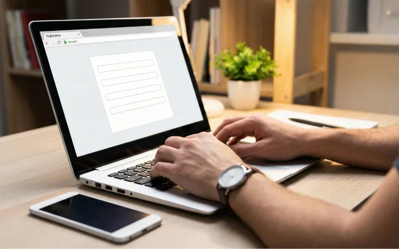 Tela de computador mostrando formulario de cadastro seguro no portal Loterias da Caixa