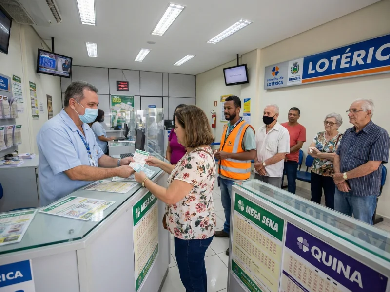 Interior de lotérica brasileira com atendente no balcão atendendo cliente apostador