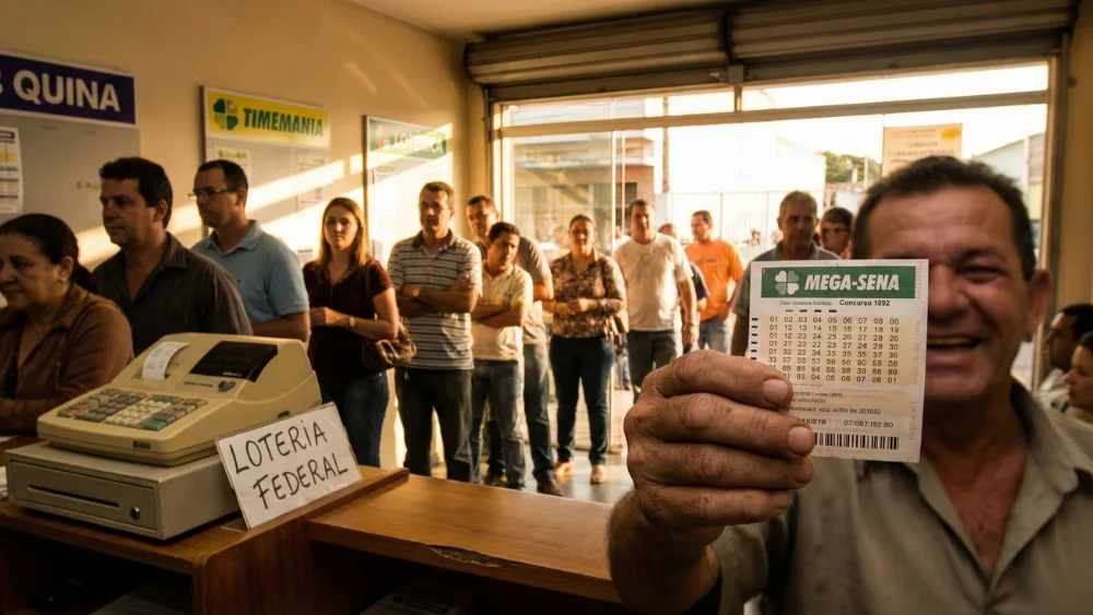 Lotérica brasileira em 2009 com fila de apostadores esperando para jogar na primeira Mega da Virada