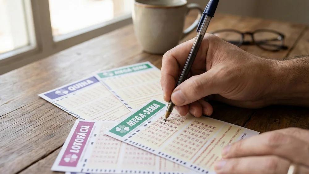 Bilhetes de loteria sobre mesa de madeira com mão marcando números da sorte para a Mega da Virada