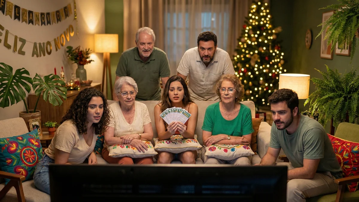 Família brasileira reunida na sala de estar assistindo ao sorteio da Mega da Virada na véspera de Ano Novo