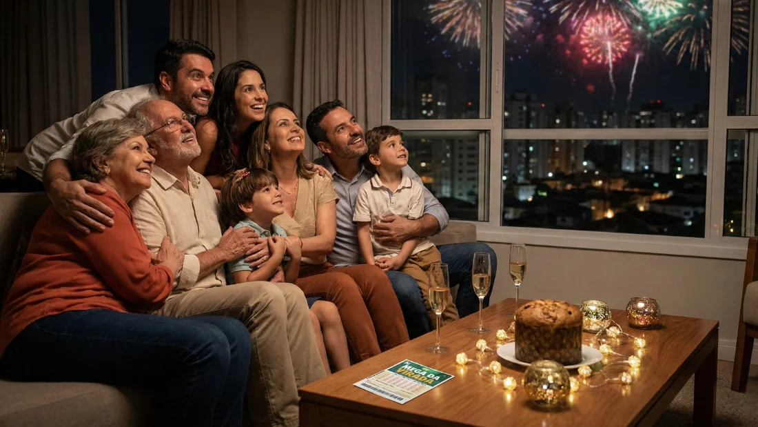 Família brasileira reunida no réveillon olhando fogos de artifício com esperança no futuro e bilhete de loteria sobre a mesa