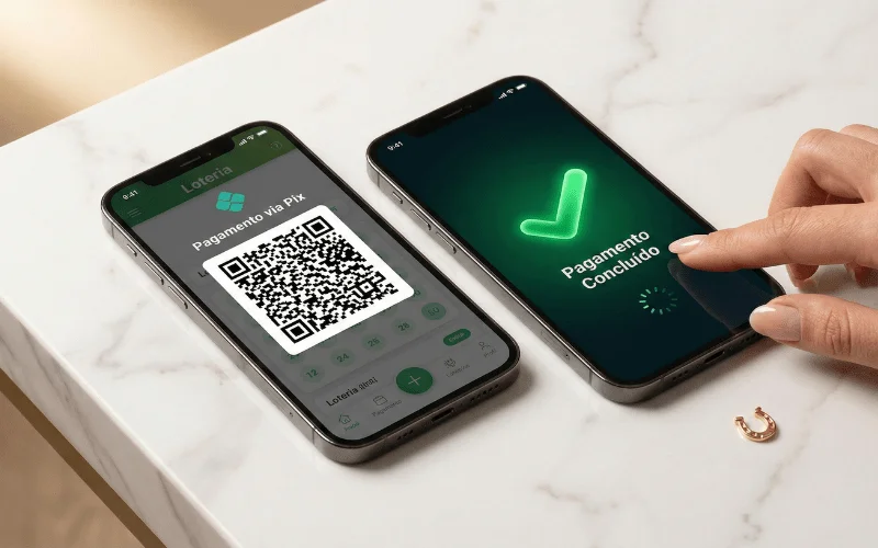 Smartphone exibindo confirmacao de pagamento Pix para aposta na loteria online