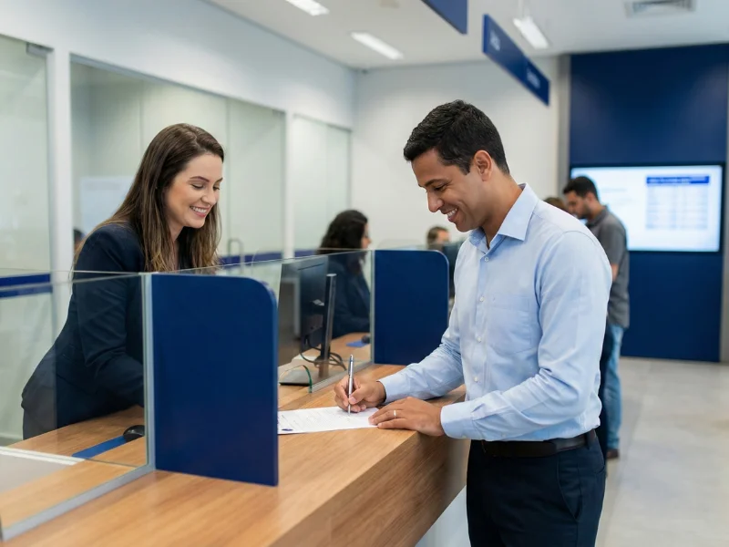 Homem brasileiro assinando documento no banco para receber prêmio de loteria