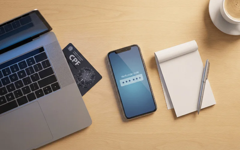 Mesa organizada com documentos CPF, celular e notebook prontos para cadastro na loteria online
