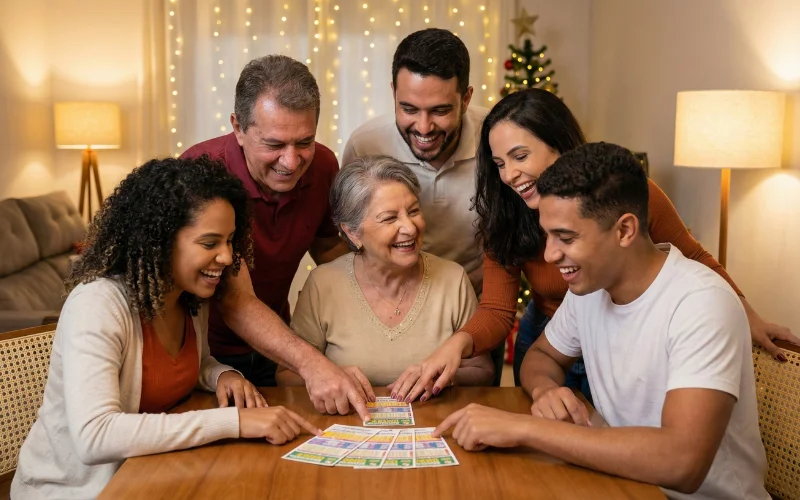 Familia brasileira reunida no Ano Novo analisando bilhetes da Mega da Virada com expressoes de alegria